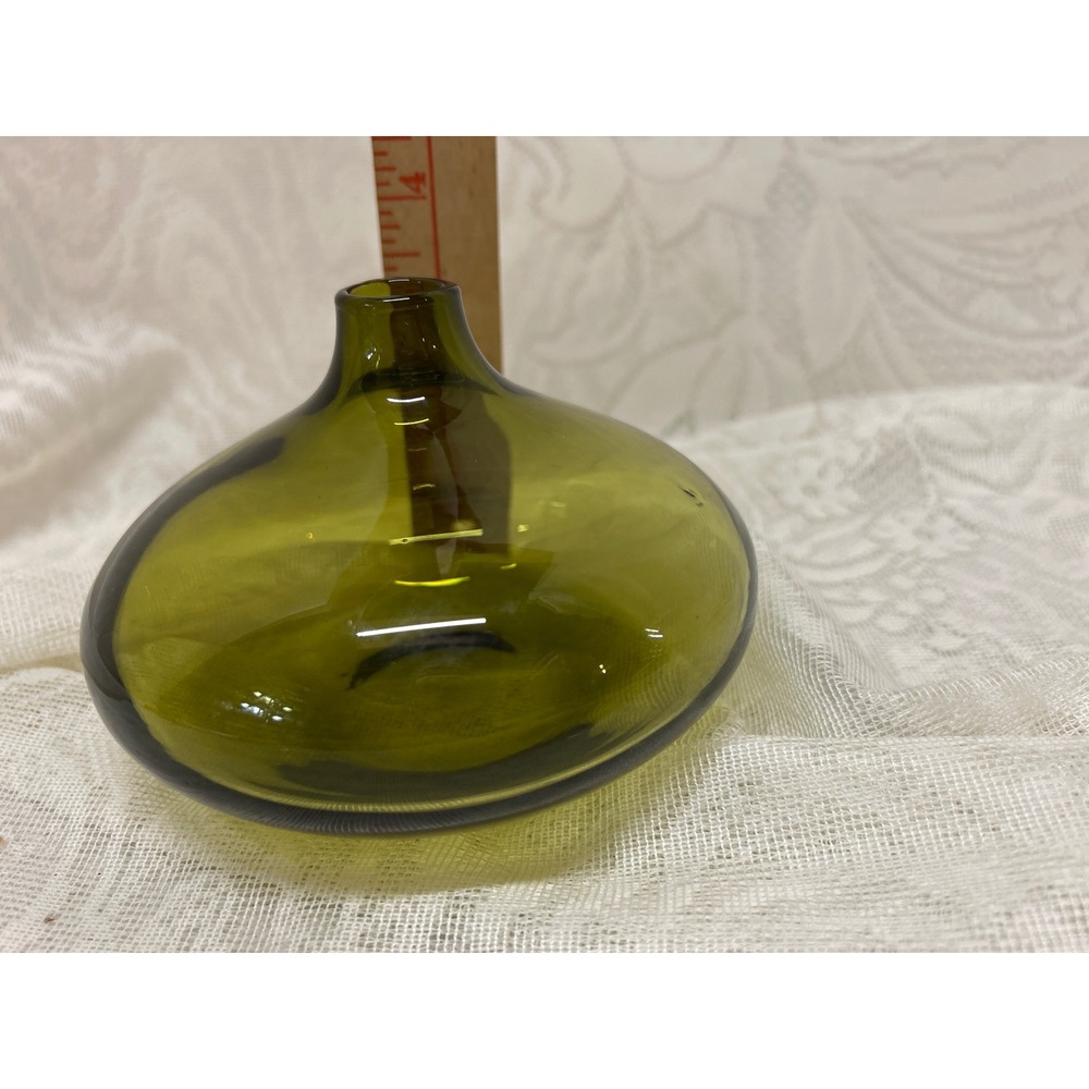 Empoli Italian Squat Bud Vase MCM Olive Green Hand Blown Glass Vintage - Picture 6 of 6